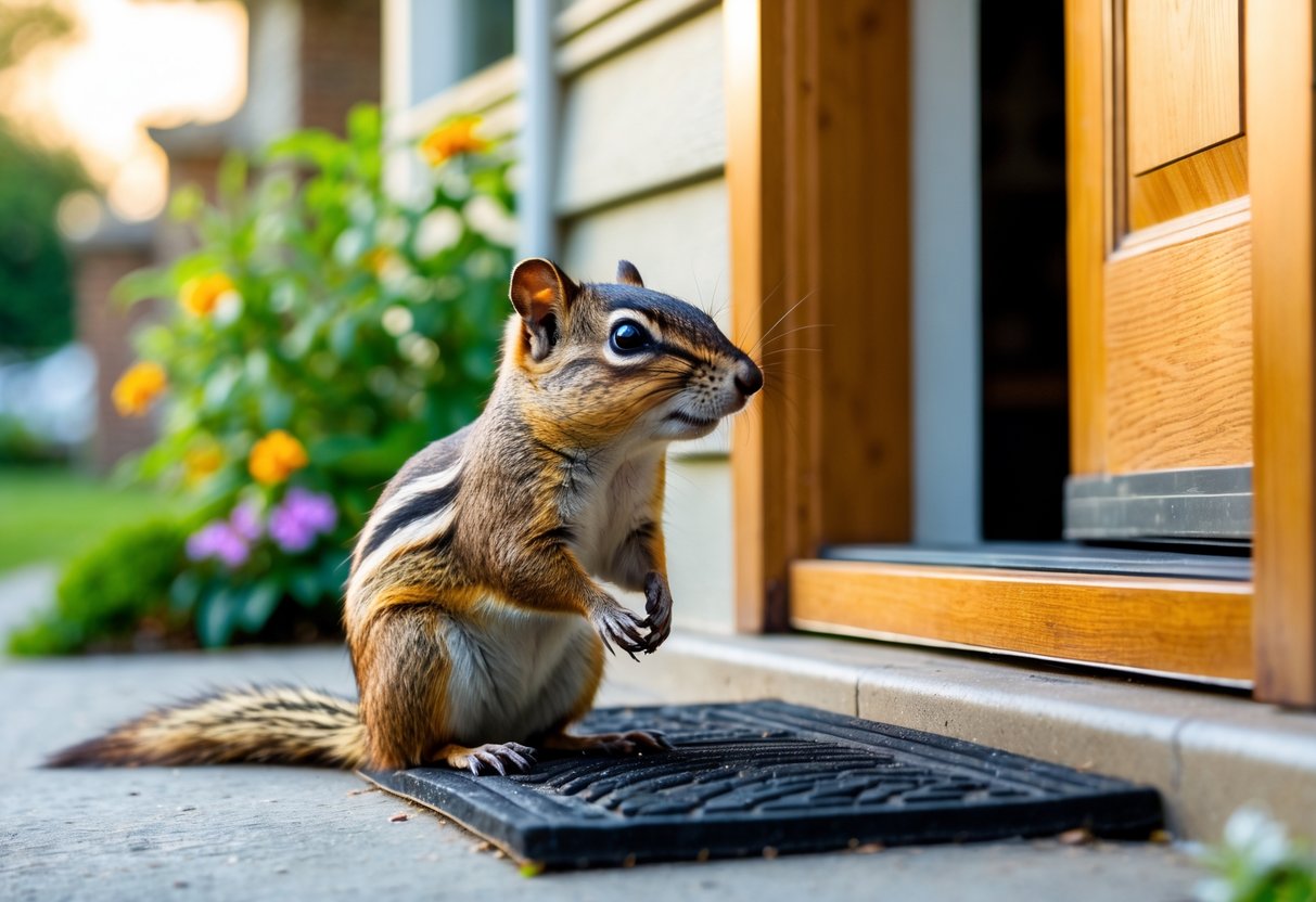 A chipmunk sitting on the doorstep of a house, looking inside through an open door.