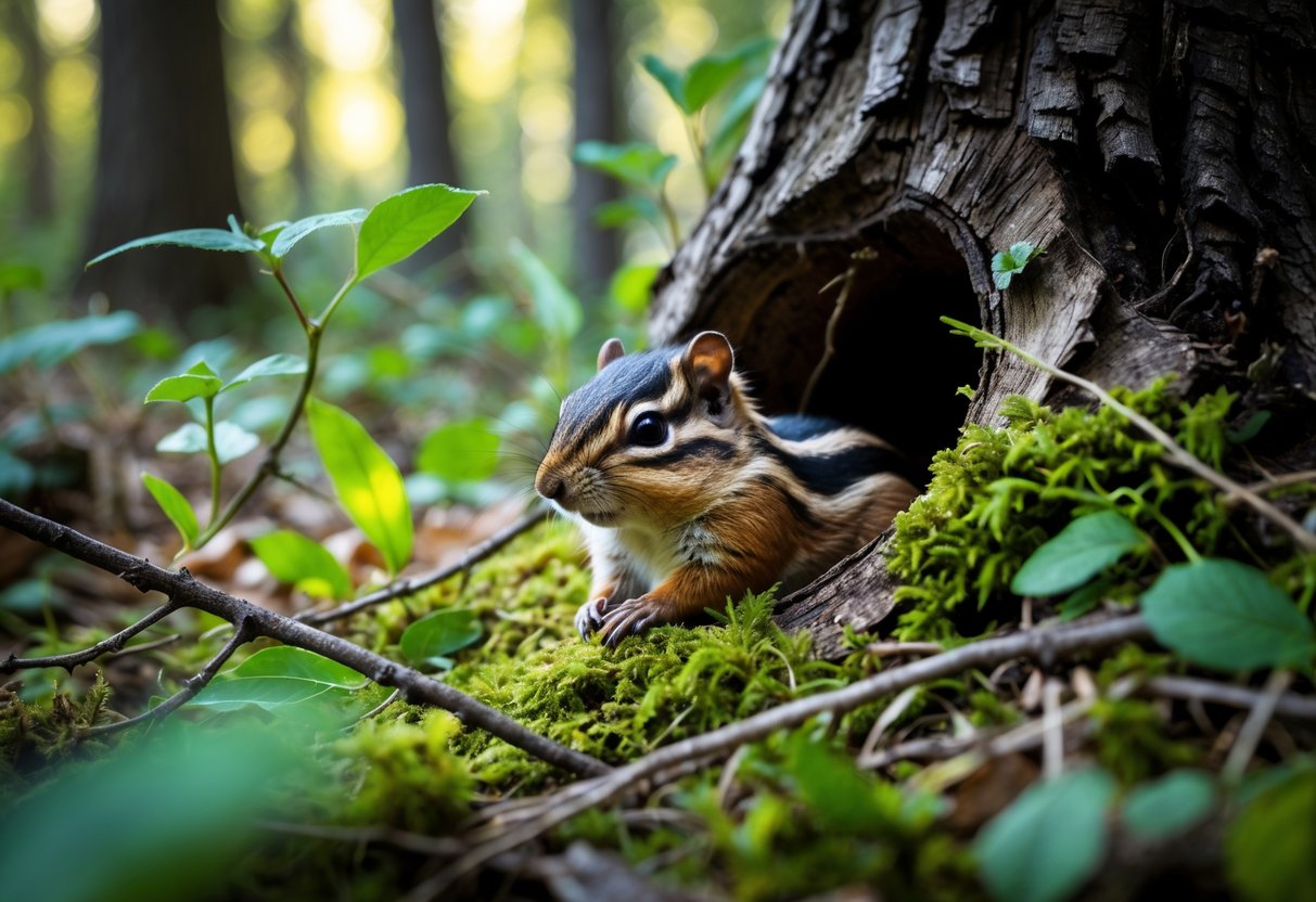 A chipmunk partially hidden inside a hollow tree trunk surrounded by moss and leaves in a forest.