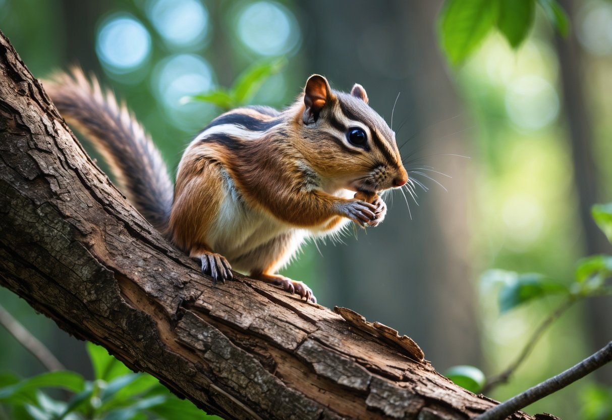 A chipmunk nibbling on the bark of a tree branch in a forest.