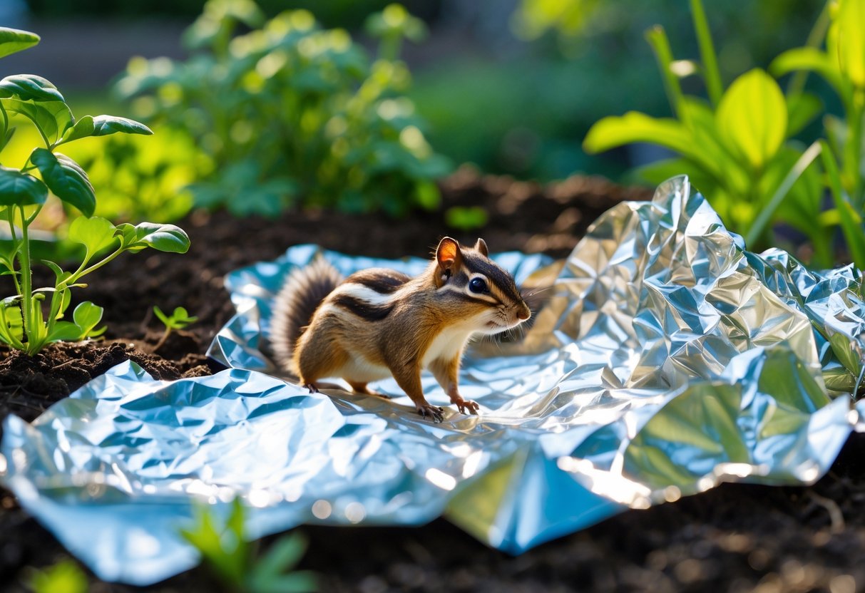 A chipmunk cautiously approaching a garden bed partially covered with shiny aluminum foil in a green garden.