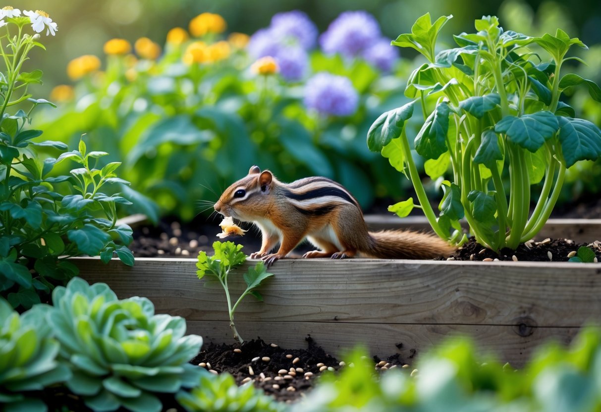A chipmunk eating near a garden bed with flowers and vegetable plants showing minor damage.