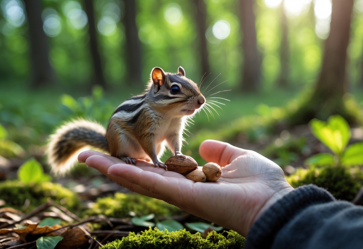 A chipmunk sitting on a person's open hand in a forest clearing.