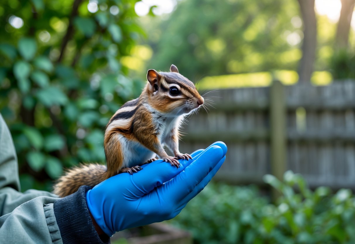 A chipmunk sitting calmly on a person's gloved hand in a green garden with trees and a wooden fence.