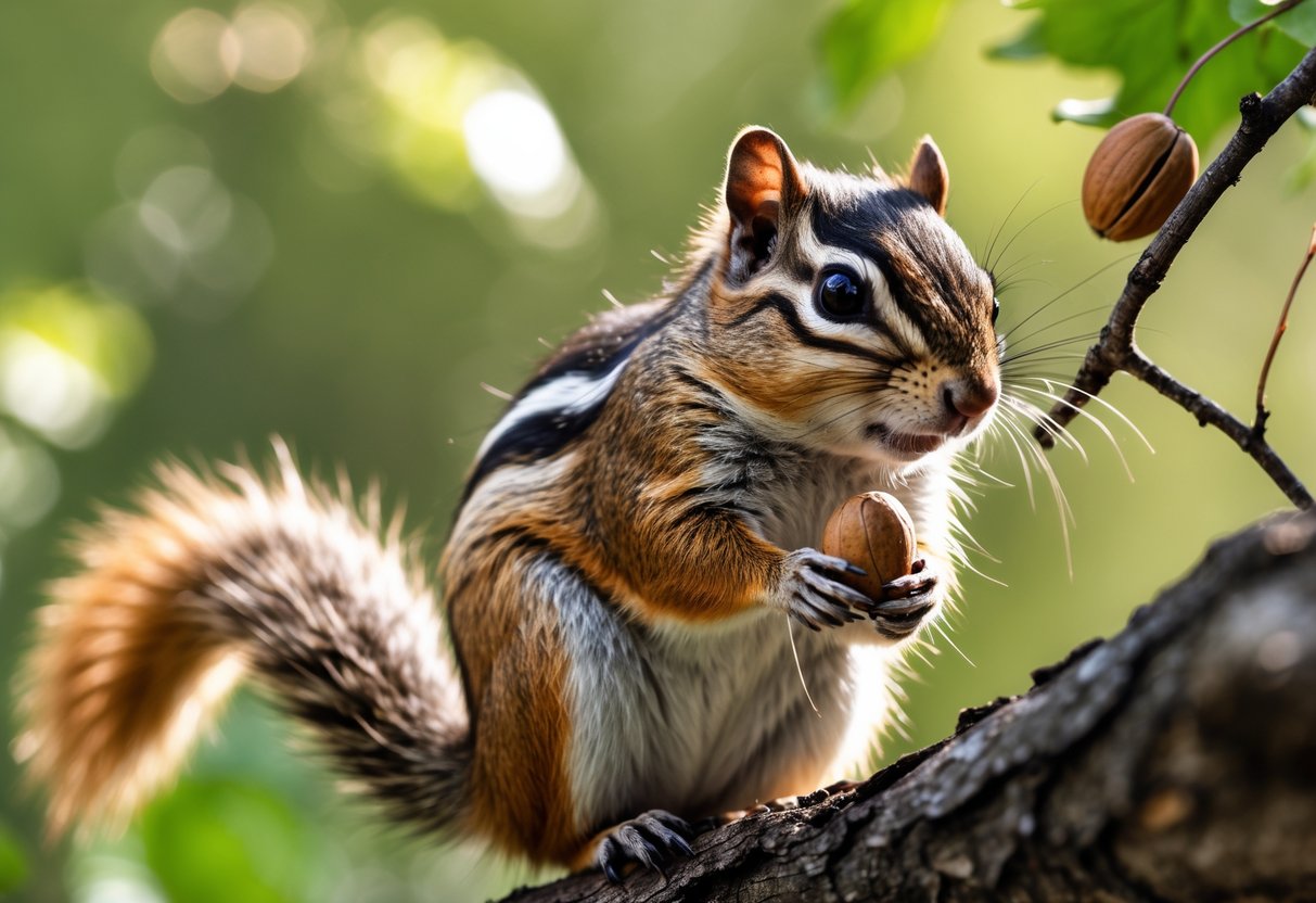 A chipmunk sitting on a tree branch in a forest holding a nut.