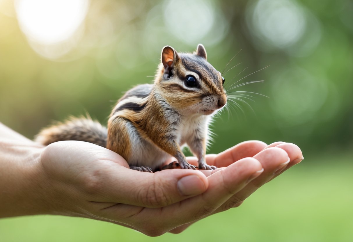 A small chipmunk sitting calmly on a person's open hand outdoors with green foliage in the background.