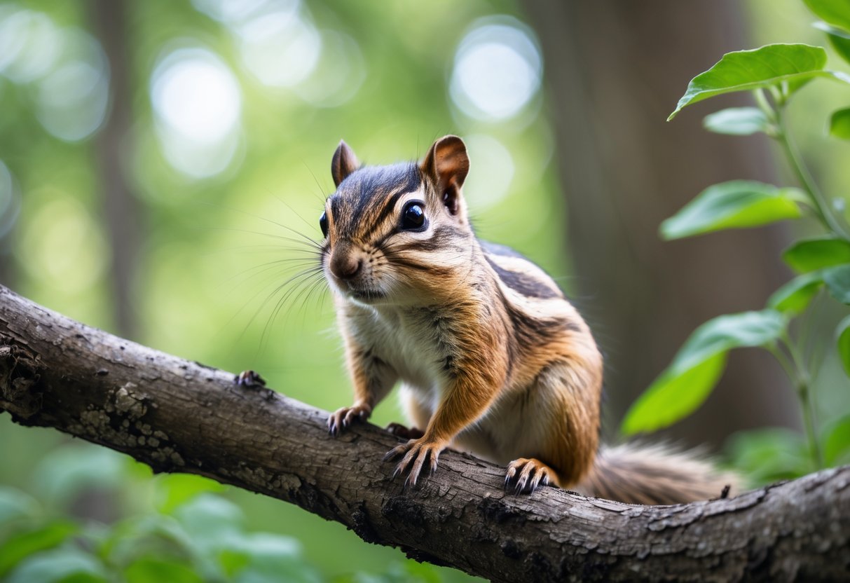 A chipmunk sitting on a tree branch in a forest with green leaves in the background.
