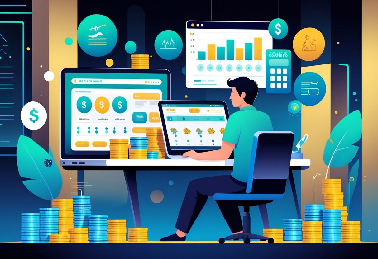 Seseorang duduk di meja kasino dengan laptop dan ponsel, dikelilingi tumpukan chip dan koin yang teratur, serta alat bantu perencanaan keuangan seperti grafik dan kalkulator.