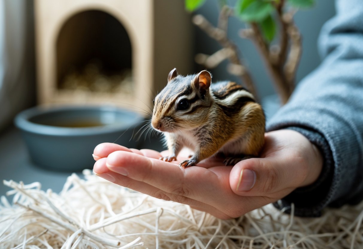 A person gently holding a small chipmunk indoors with a pet habitat visible in the background.