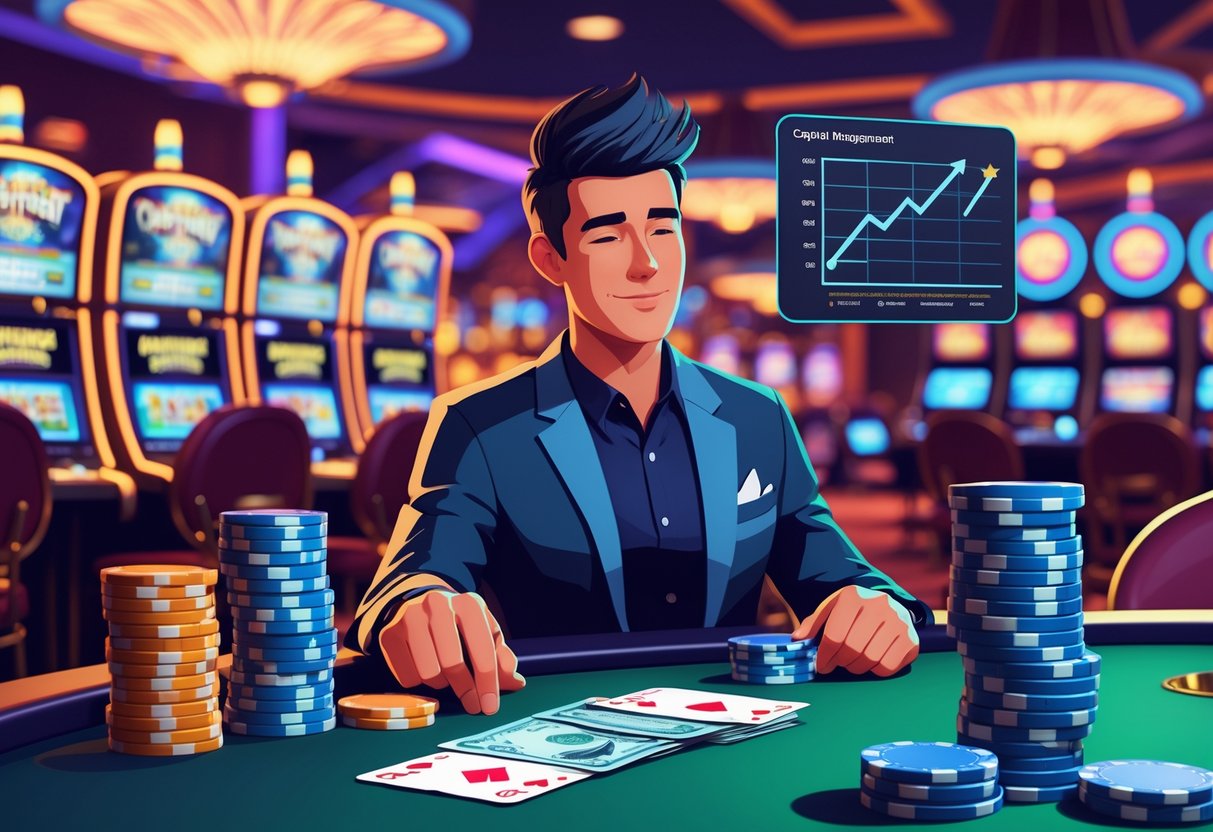 Seorang pemain sedang mengatur tumpukan chip dan uang di meja kasino dengan mesin slot dan permainan kartu di latar belakang.