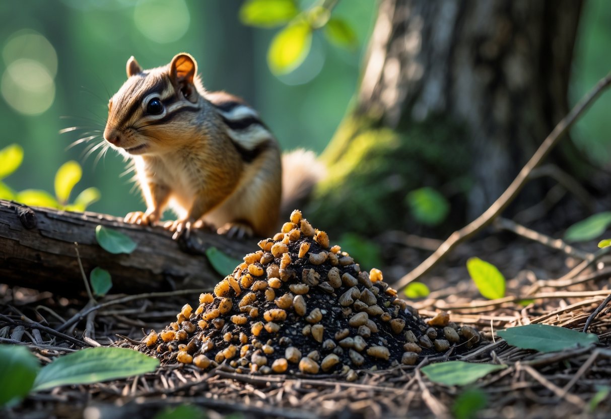 Close-up of chipmunk droppings on forest ground with a chipmunk sitting on a tree branch in the background.