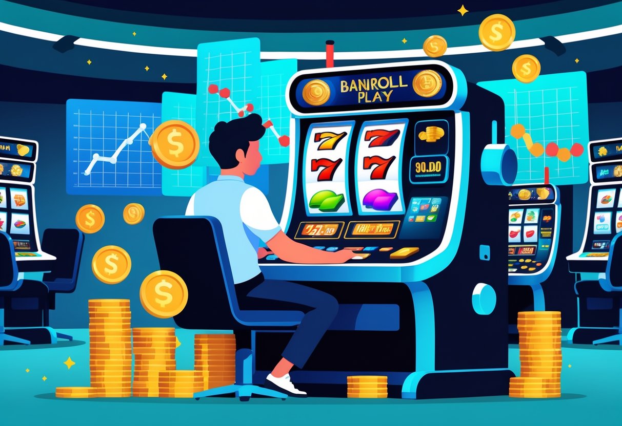 Seorang pemain duduk di depan mesin slot dengan tumpukan koin dan chip di sekitarnya, menunjukkan pengelolaan modal yang efektif di dalam kasino.