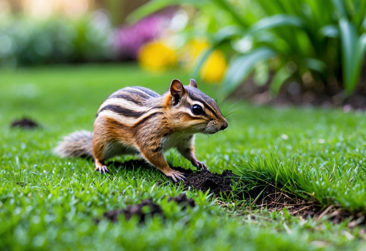 A chipmunk digging on a green lawn with small patches of disturbed soil.