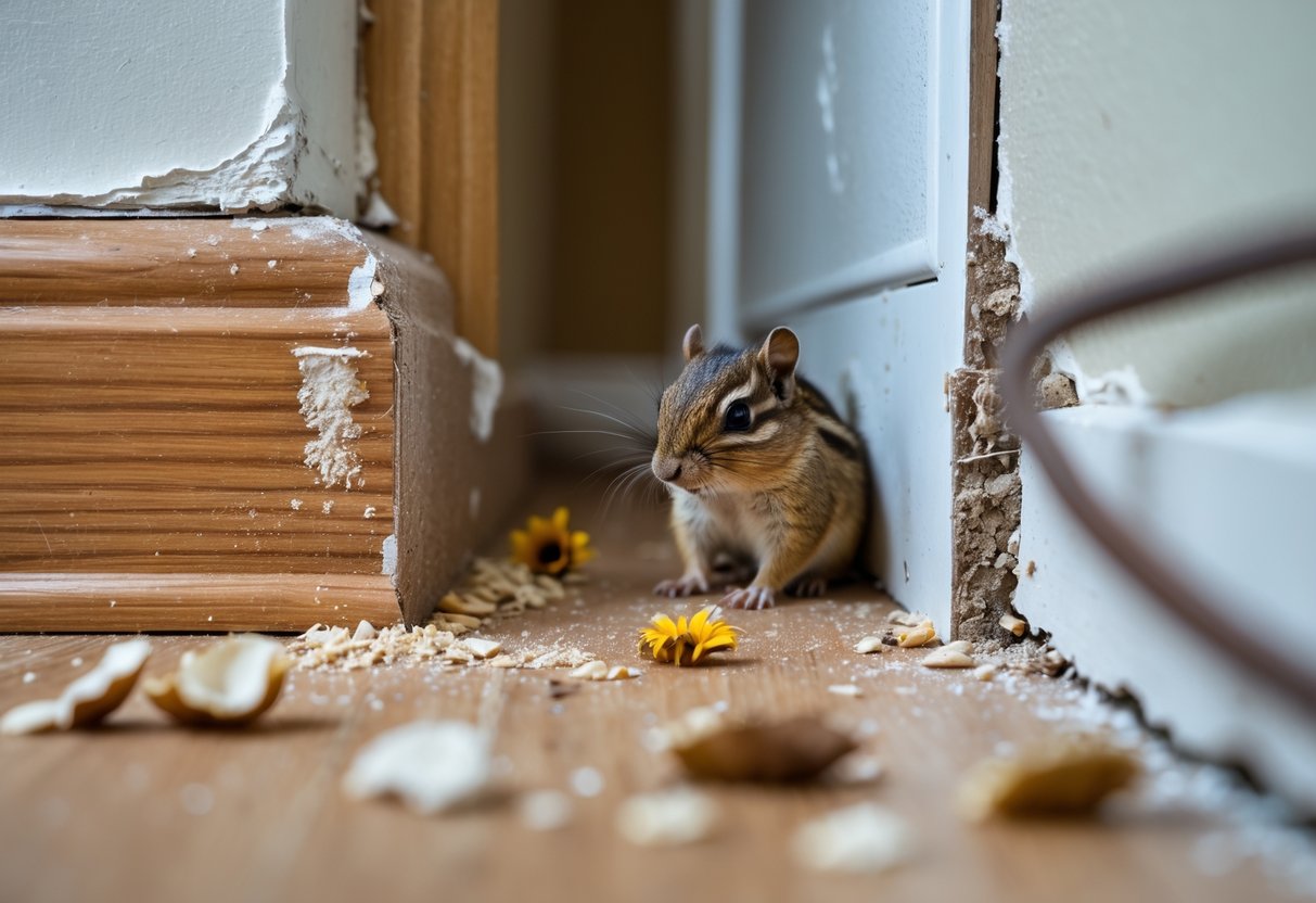 Close-up of a wooden floor corner inside a house showing small wood shavings, seed shells, droppings, a chewed wire, and a small hole in the wall.