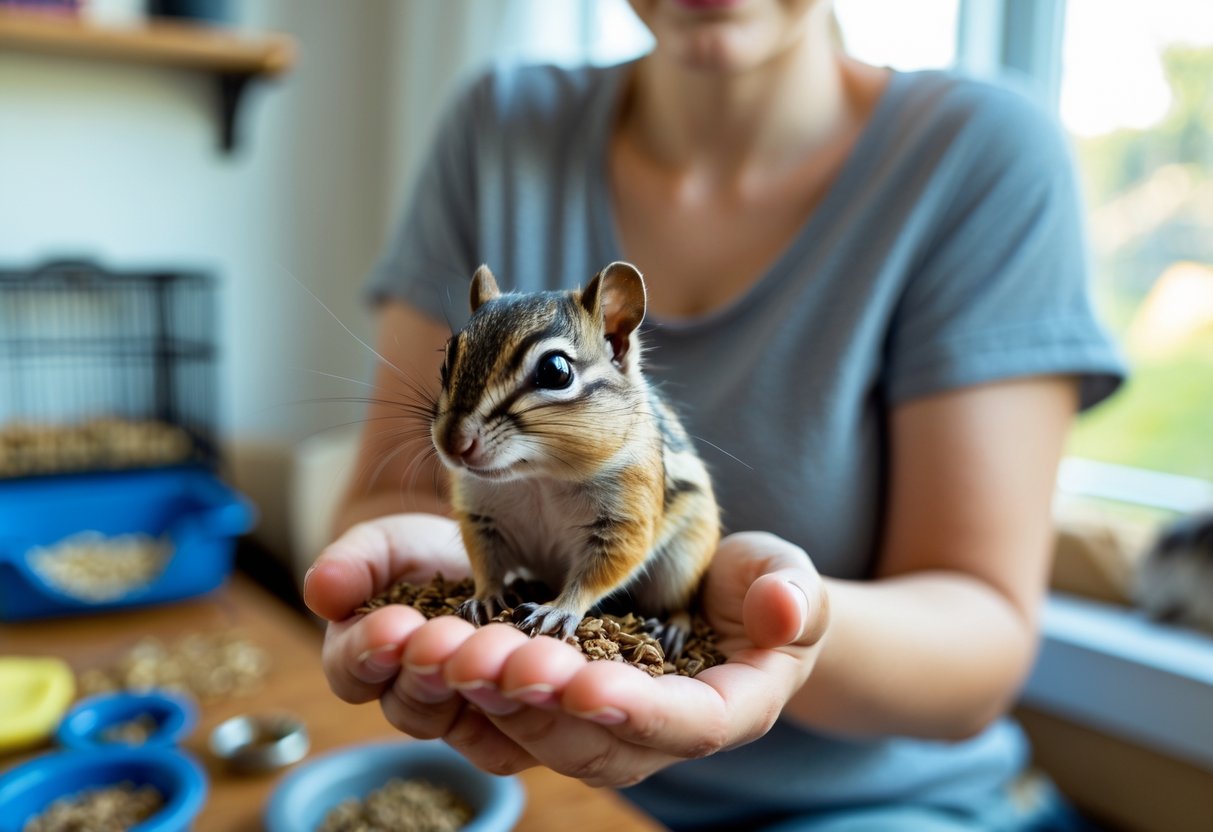 A person gently holding a small chipmunk indoors with pet supplies visible in the background.