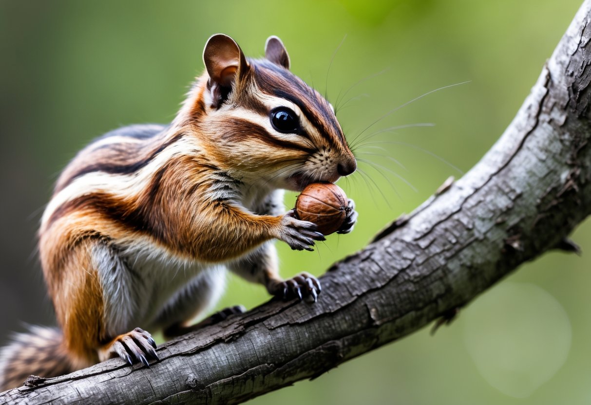 A chipmunk sitting on a tree branch nibbling on a nut with its teeth visible.