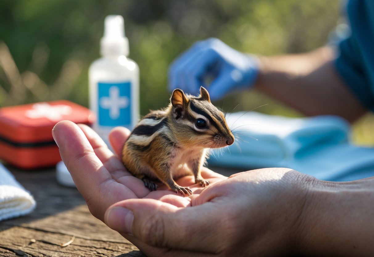 A close-up of a person gently holding a small chipmunk outdoors with a first aid kit and antiseptic visible in the background.