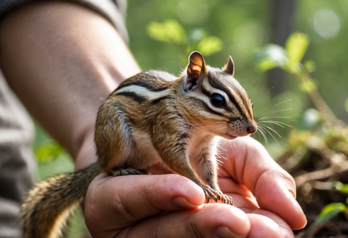 A person gently holding a calm chipmunk outdoors with green foliage in the background.