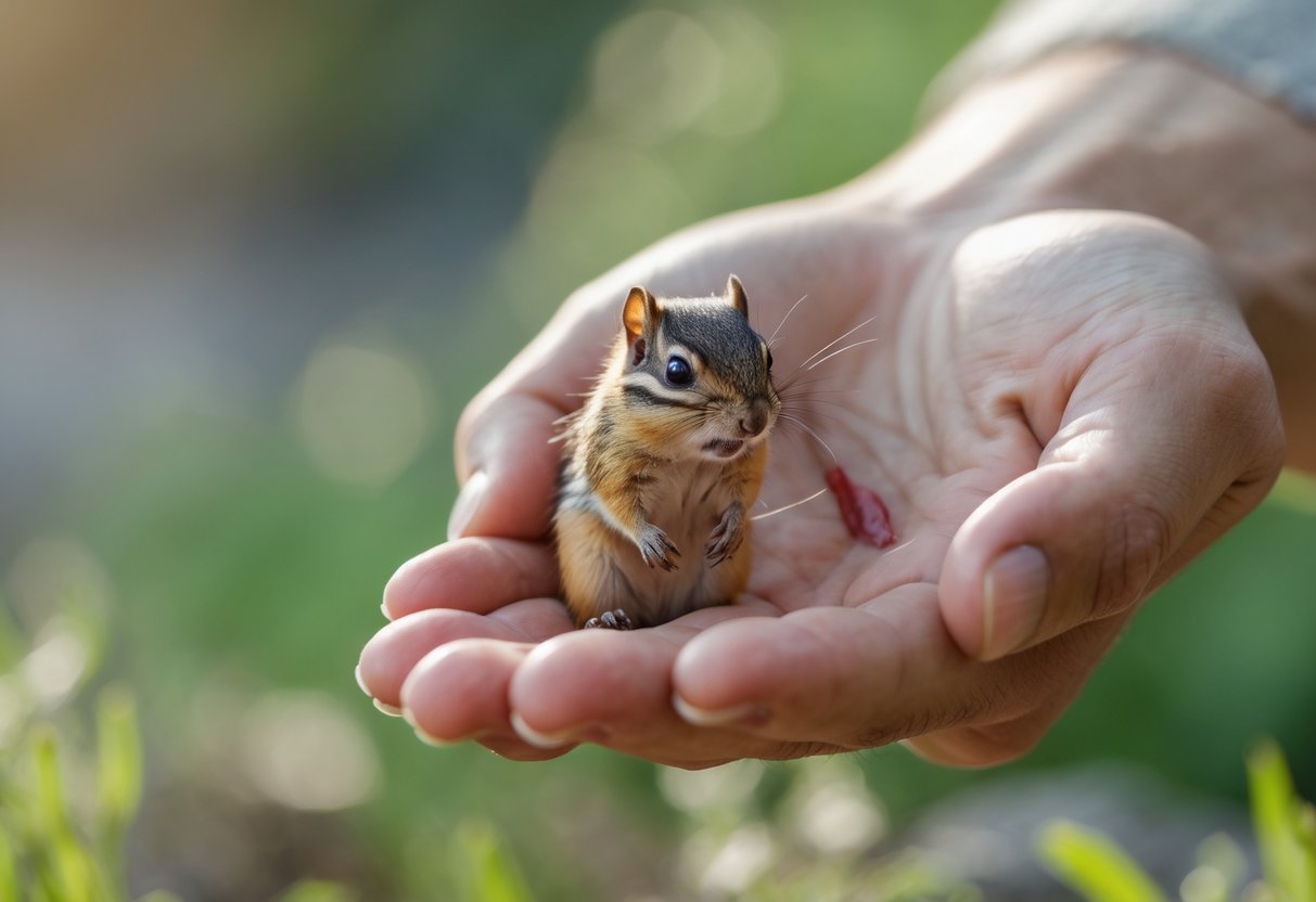 A close-up of a person's hand gently holding a small chipmunk outdoors, showing a small bite or scratch on the hand.