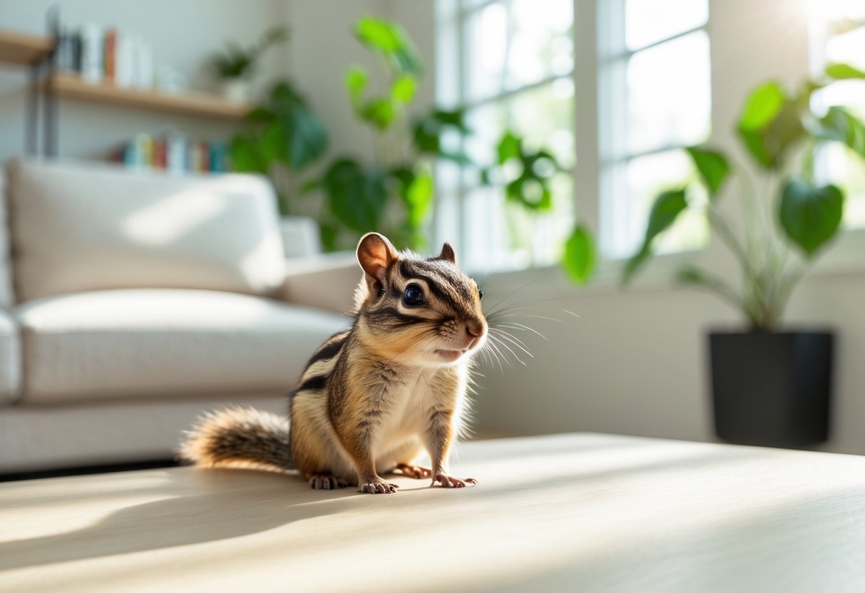 A small chipmunk sitting on a coffee table inside a bright living room with a sofa and houseplants.