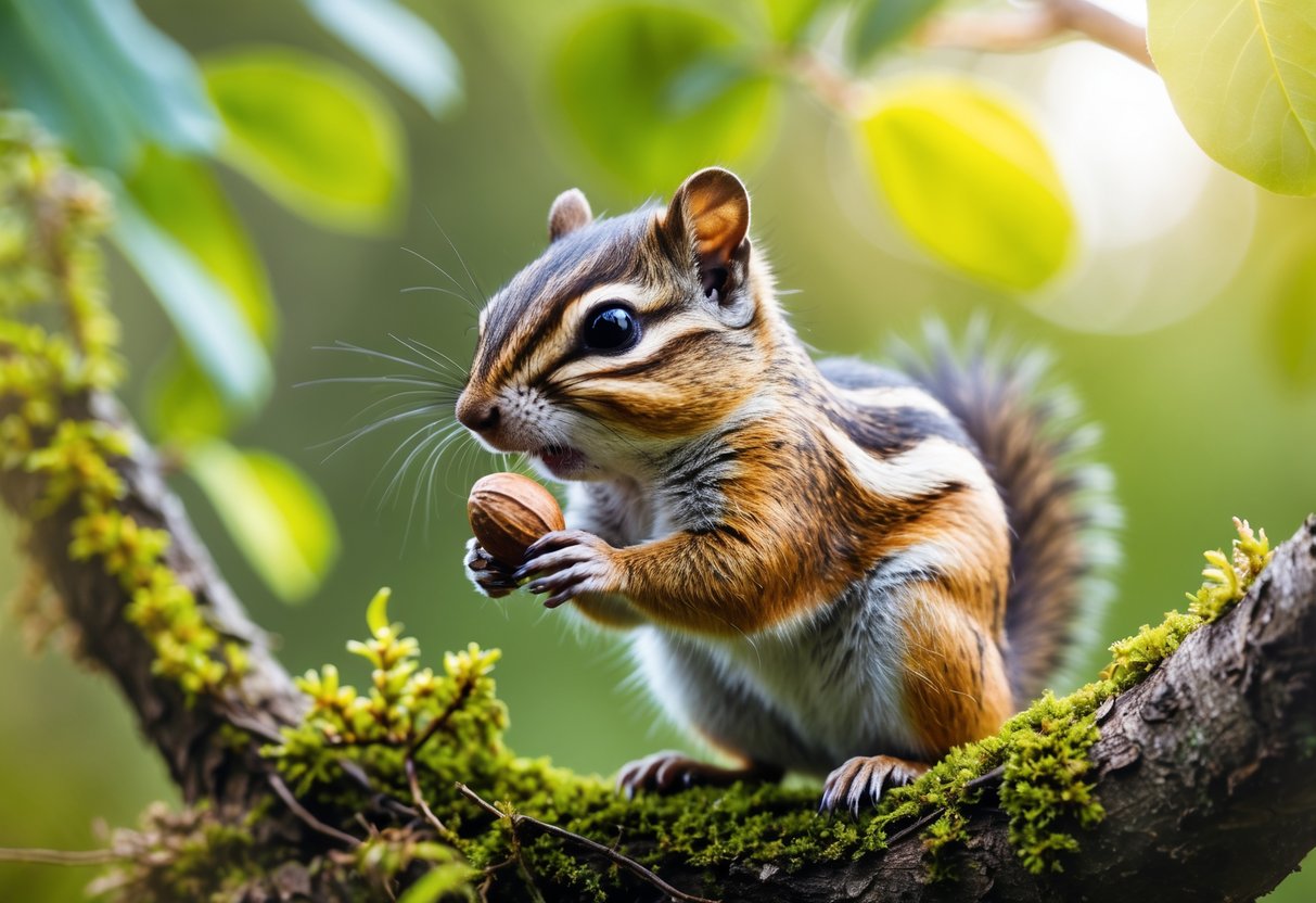 A chipmunk sitting on a mossy tree branch holding a nut surrounded by green leaves.
