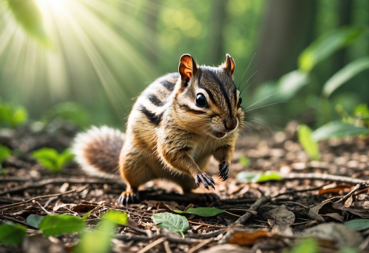 A chipmunk stomping its front paws on the forest floor surrounded by leaves and greenery.