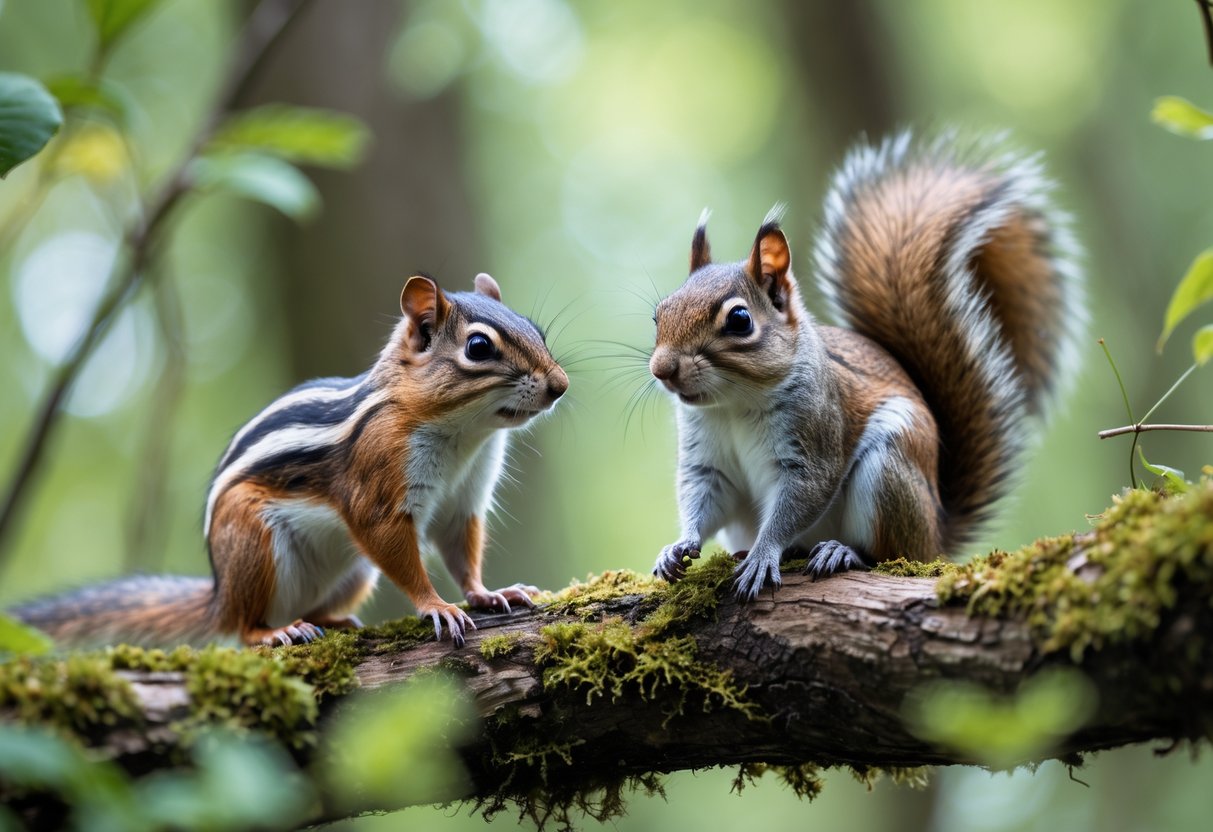 A chipmunk and a small squirrel sitting side by side on a tree branch in a forest.