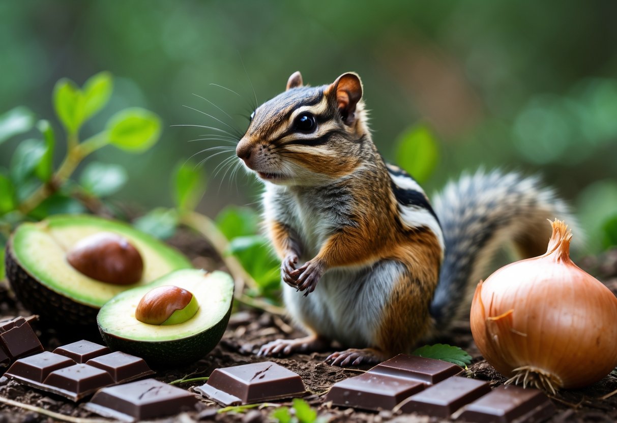 A chipmunk sitting on forest ground surrounded by chocolate, grapes, avocado slices, and onions.