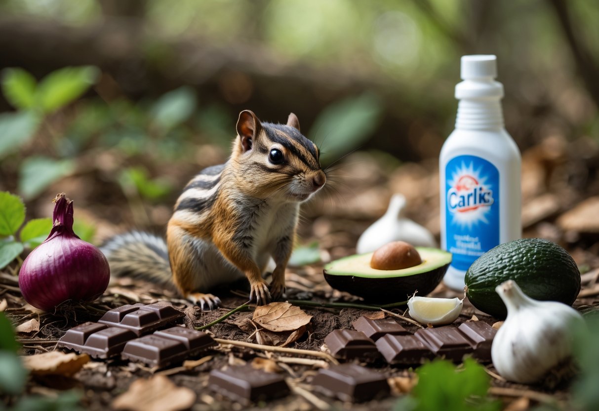 A chipmunk on a forest floor surrounded by chocolate, grapes, onions, garlic, avocado slices, and a bottle of cleaner.