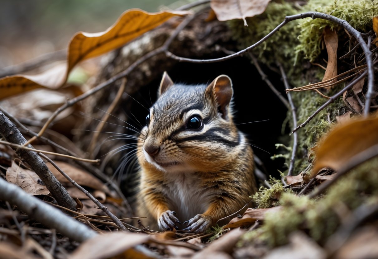 A chipmunk peeking out from its burrow among dried leaves and moss on the forest floor.