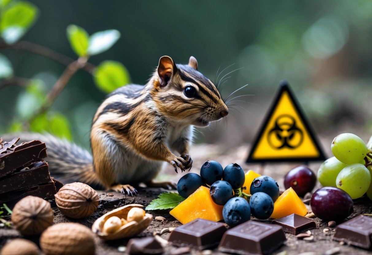 A chipmunk on the forest floor near various foods including nuts, berries, grapes, and chocolate pieces.