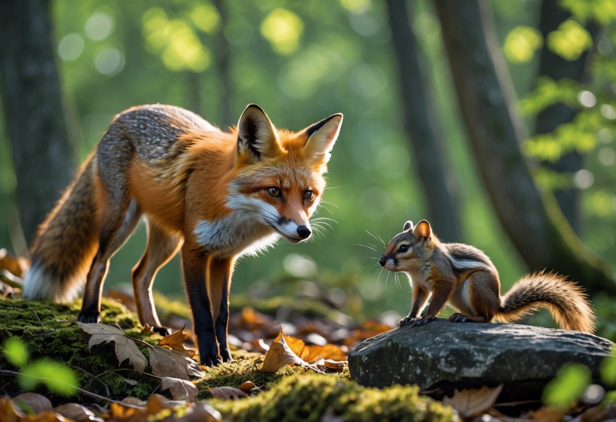 A red fox and a chipmunk near each other in a forest setting with sunlight filtering through the trees.