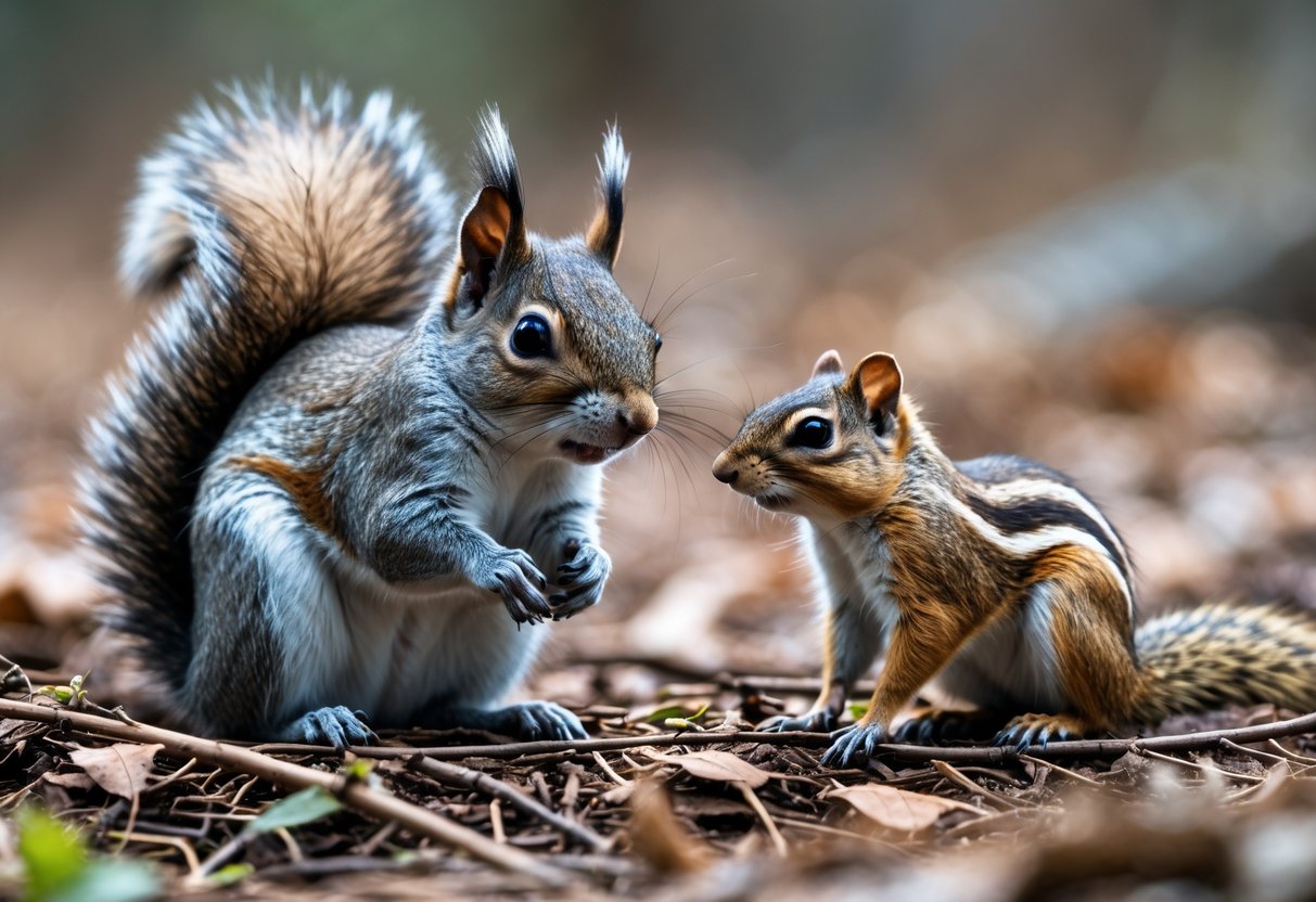 A squirrel and a chipmunk sitting side by side on a forest floor, showing the size difference between the two animals.