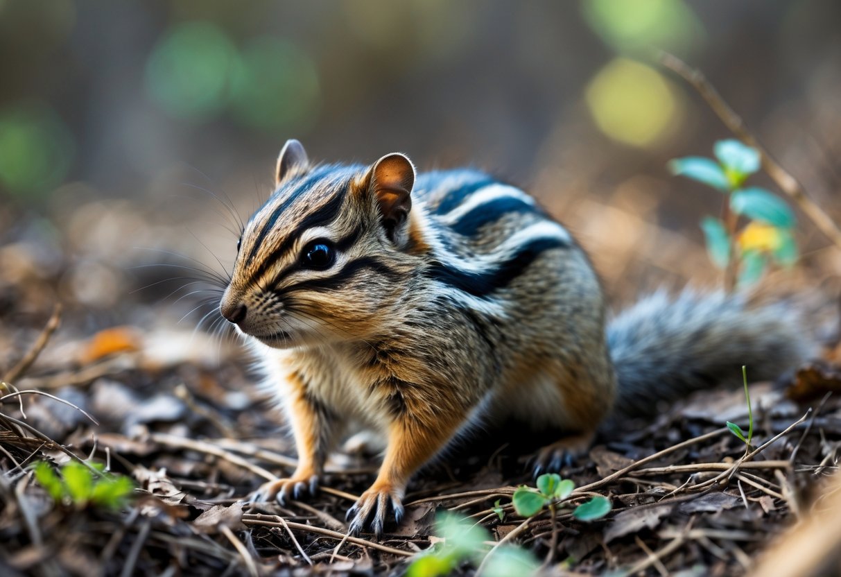 A small furry animal resembling a chipmunk sitting on a forest floor with leaves and plants.