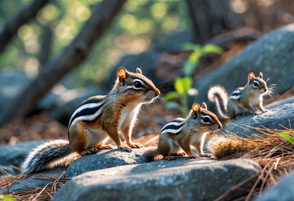 A chipmunk surrounded by similar small squirrels and ground squirrels in a forest setting with leaves and branches.