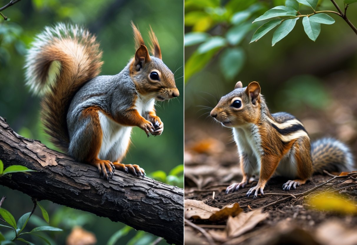 A squirrel on a tree branch and a chipmunk on the forest floor side by side showing their size difference in a forest setting.