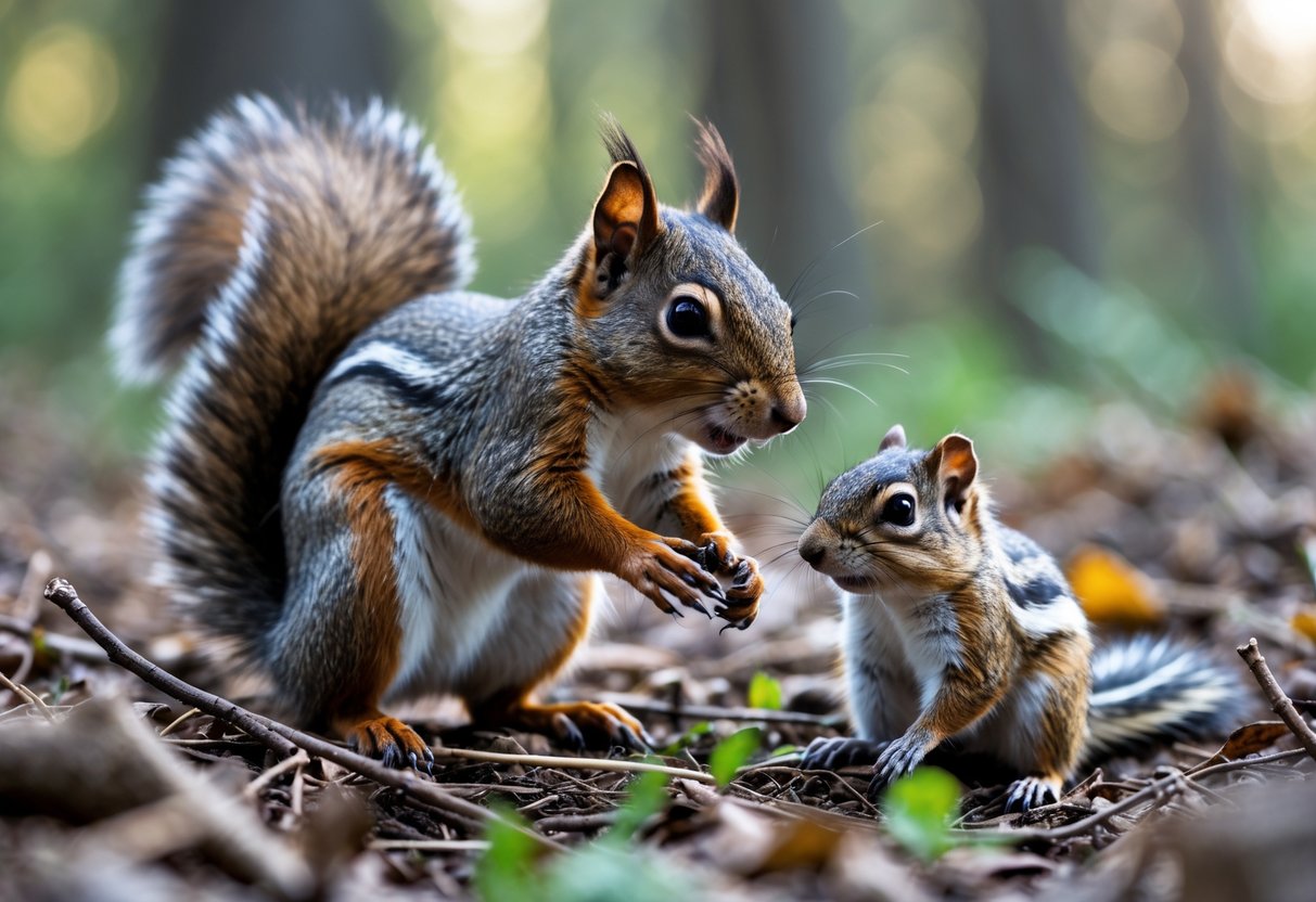 A squirrel and a chipmunk face each other on the forest floor surrounded by leaves and plants.