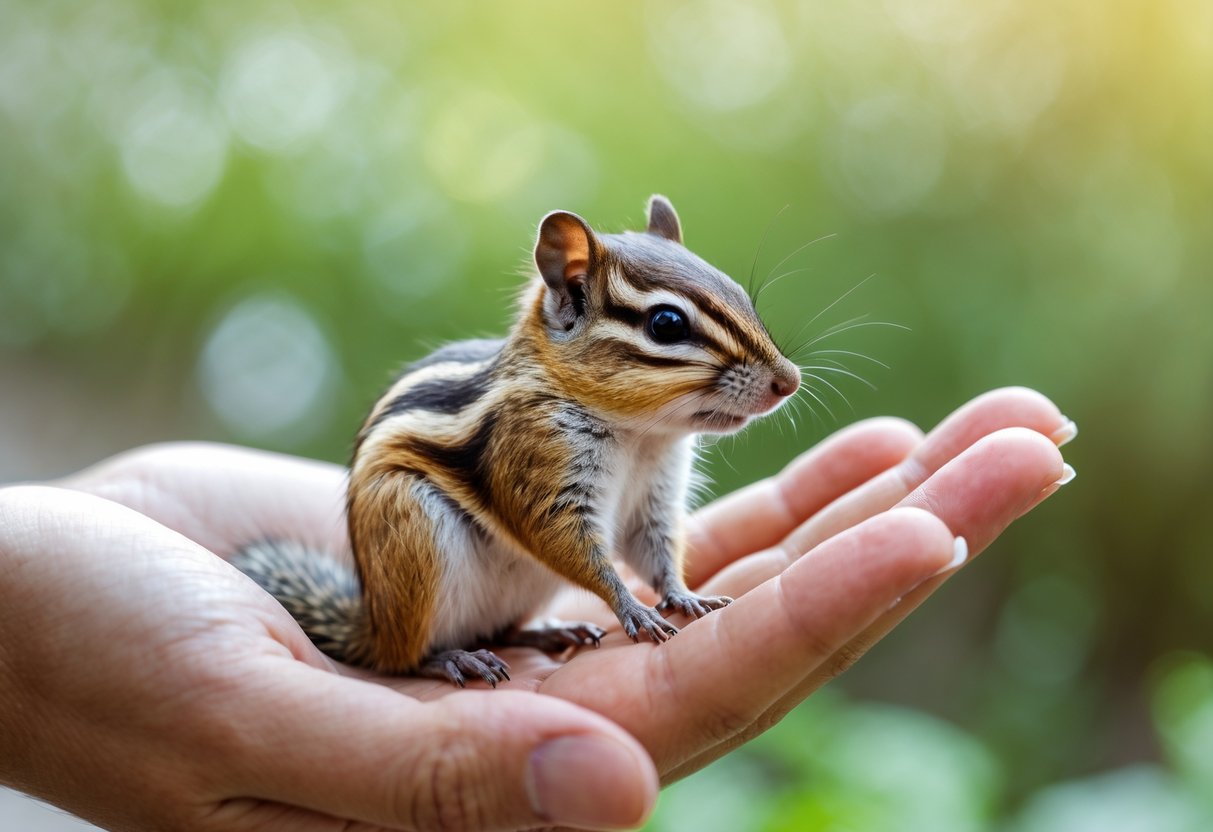 A chipmunk sitting on a person's open hand in a natural outdoor setting.