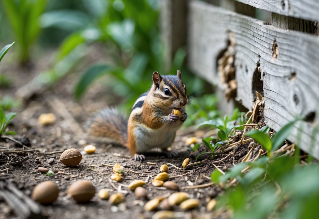 A chipmunk nibbling on a seed near a wooden fence with visible gnaw marks and damaged plants around it.