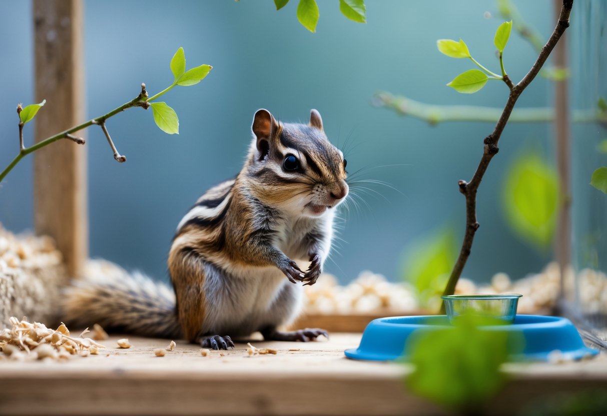 A chipmunk sitting on a wooden platform inside a naturalistic pet enclosure with branches and bedding.