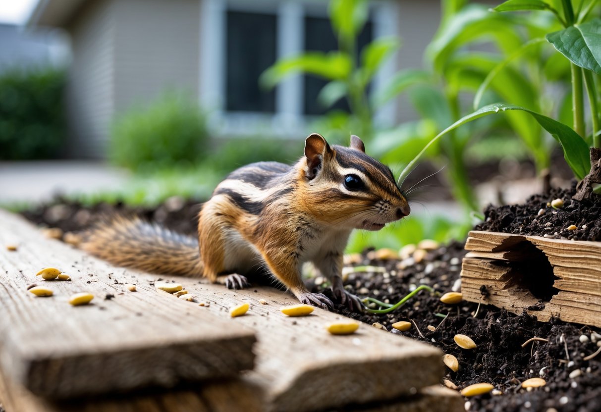 A chipmunk near chewed wood, gnawed plants, and disturbed soil in a garden setting.