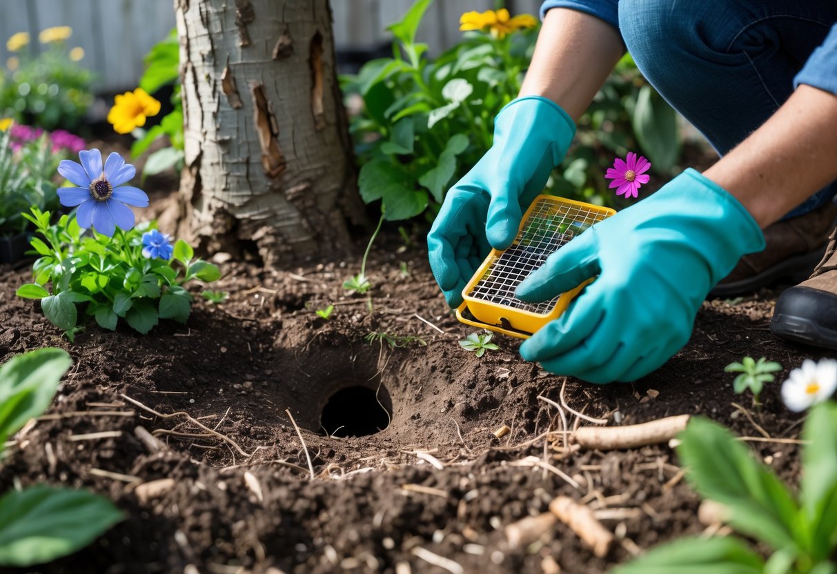 A person wearing gardening gloves inspects small holes near plants in a garden, holding a humane trap to manage chipmunk damage.