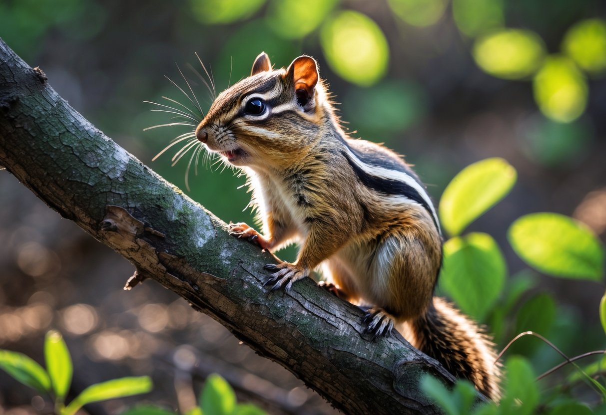 A chipmunk perched on a tree branch in a forest, appearing to chirp with green leaves around it.