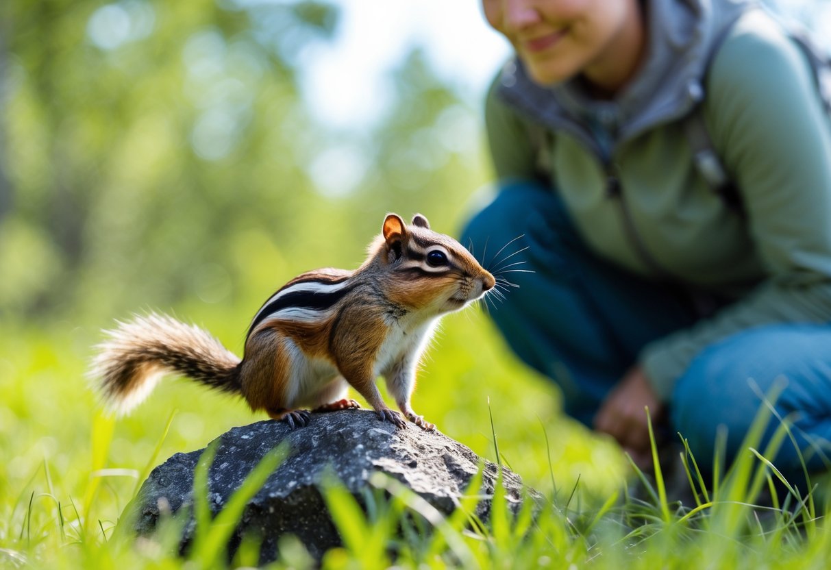 A person quietly watching a chipmunk sitting on a rock in a green outdoor area.