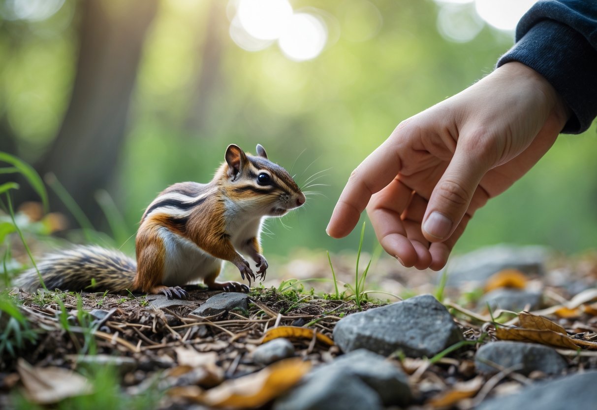 A person outdoors gently observing a chipmunk sitting on grass surrounded by leaves and rocks.