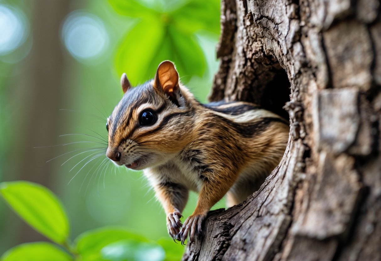 A chipmunk squeezing through a small hole in a tree trunk in a forest.