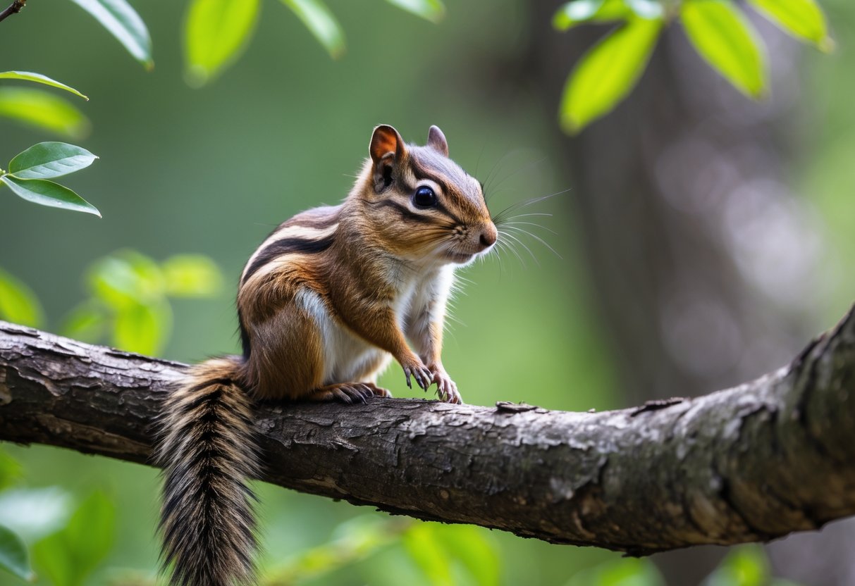 A single chipmunk sitting alone on a tree branch in a forest.