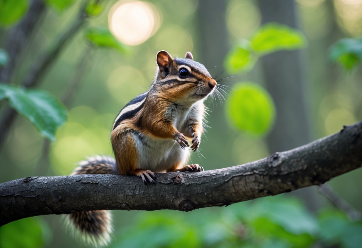 A single chipmunk sitting alone on a tree branch in a forest.