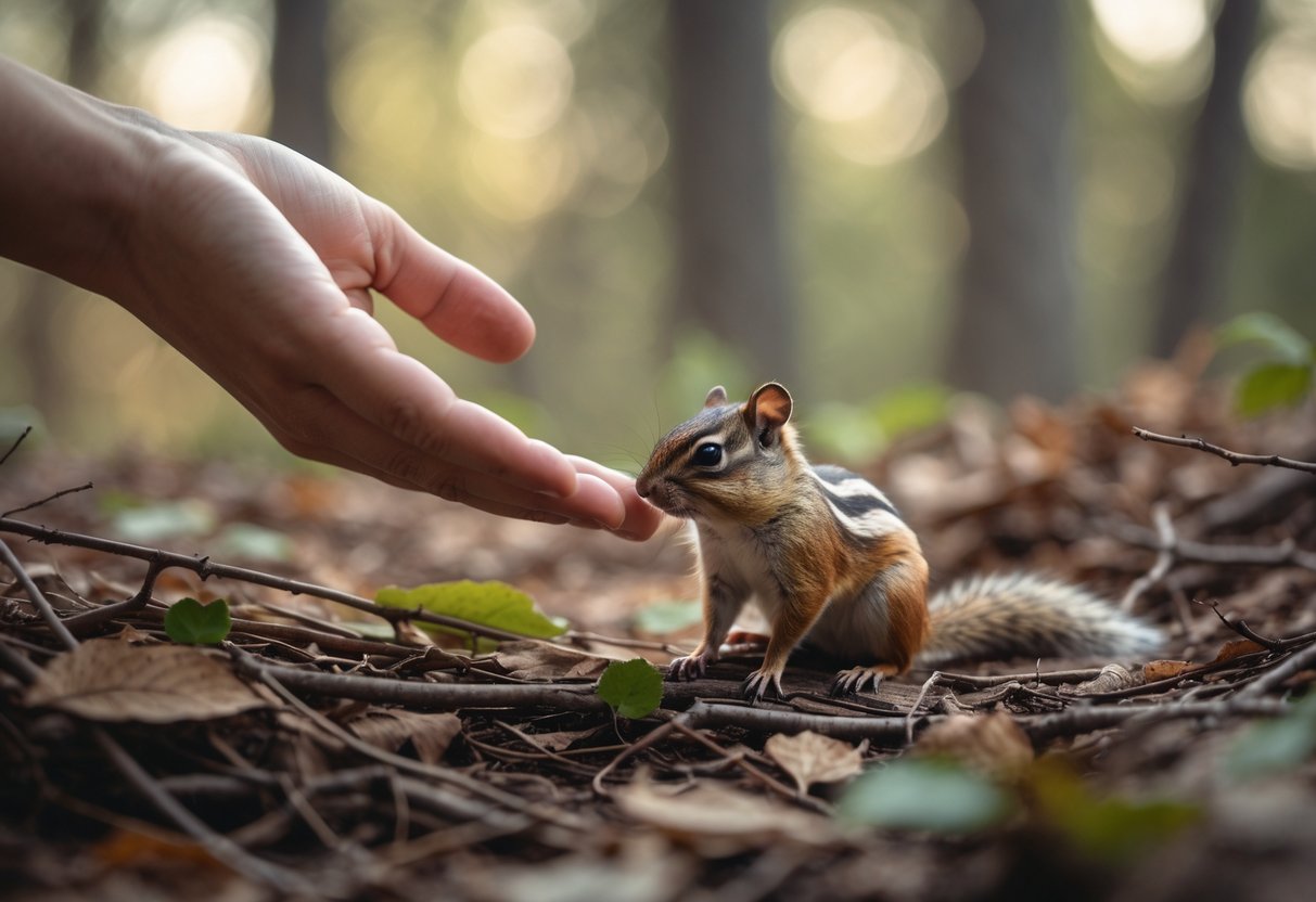 A person gently reaching out to a chipmunk sitting on the forest floor.