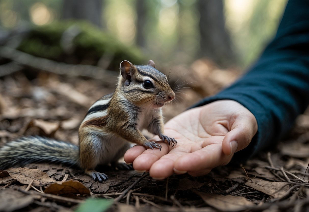 A person reaching out their hand cautiously toward a small chipmunk sitting on the forest floor.