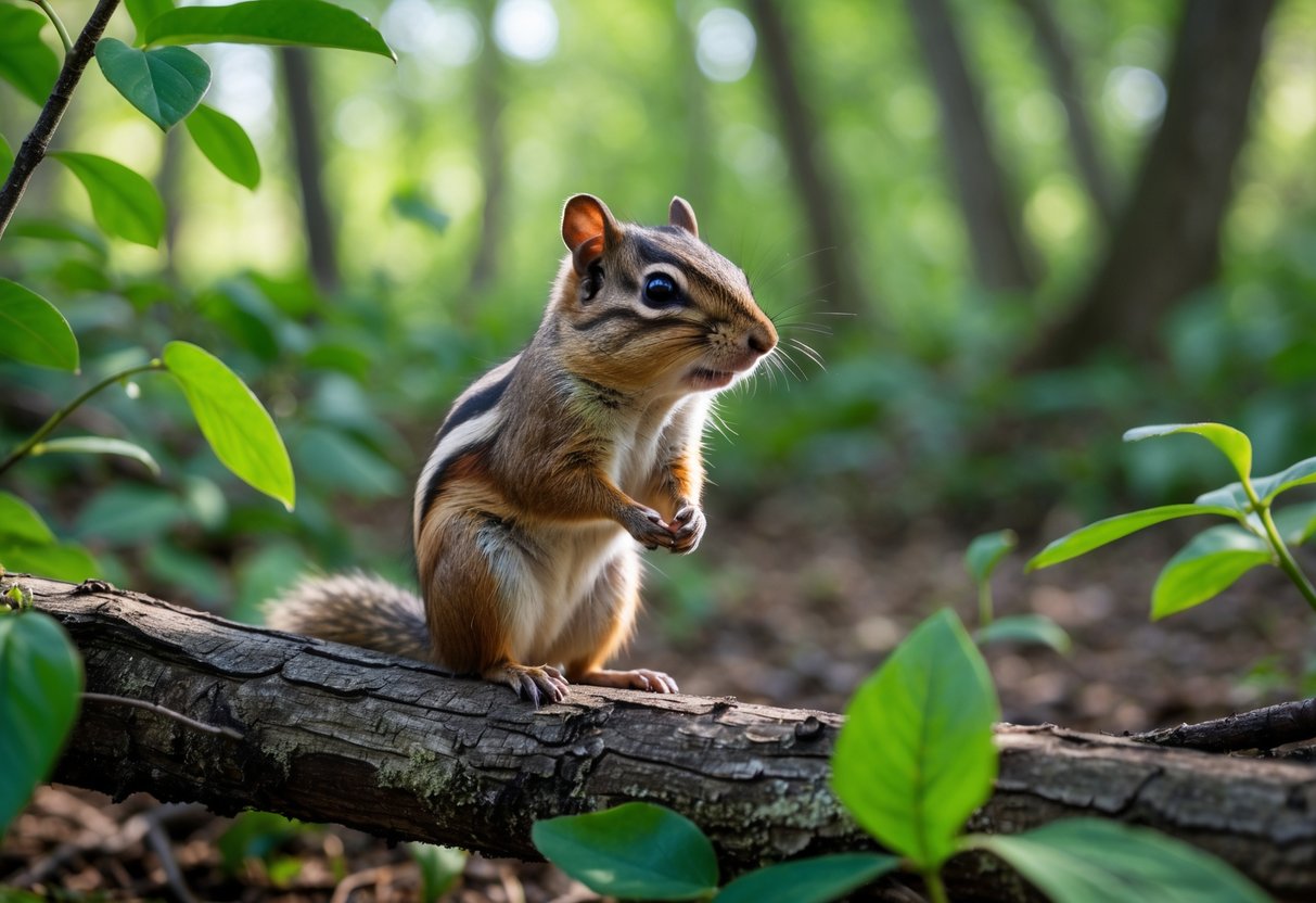 A chipmunk sitting on a tree branch in a forest surrounded by green leaves and sunlight.